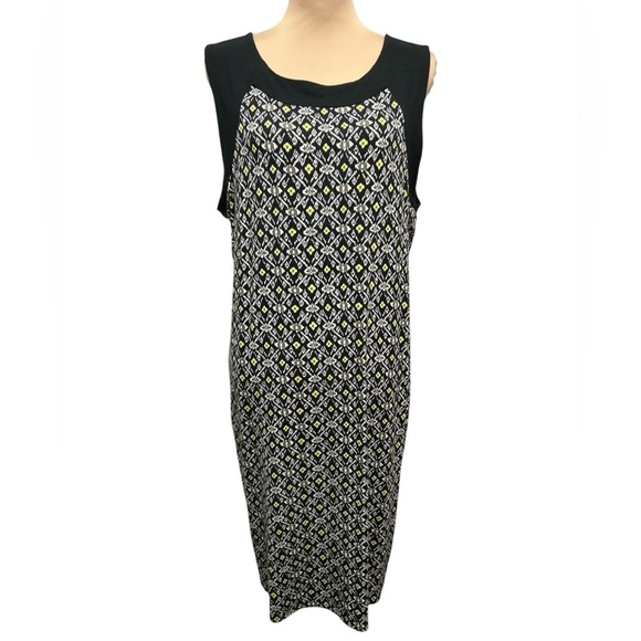 J. Jill Dresses & Skirts - J. Jill Sheath Dress Knee Length Black White & Yellow Pattern Round Neck Large.